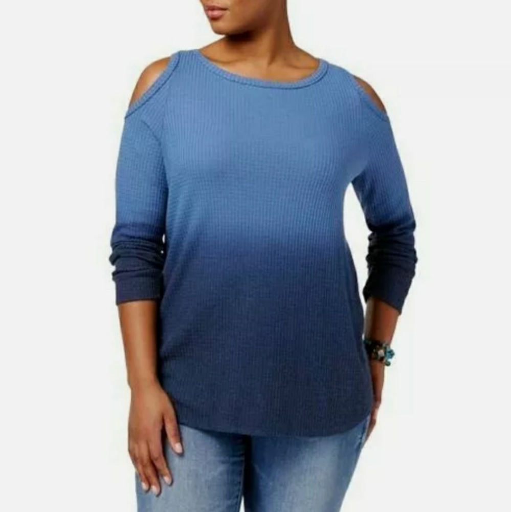 Style & Co Blue Knit Thermal Cold Shoulder XL Top